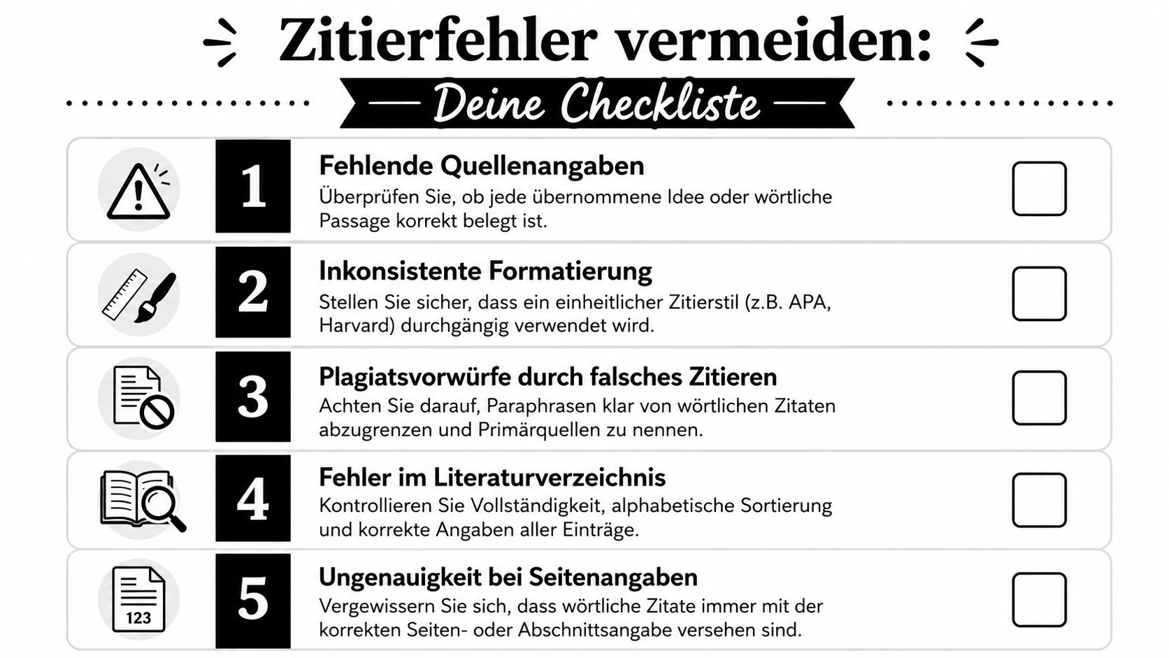 Eine Checkliste in deutscher Sprache zum Vermeiden von Zitierfehlern in akademischen Arbeiten für eine korrekte Quellenangabe.