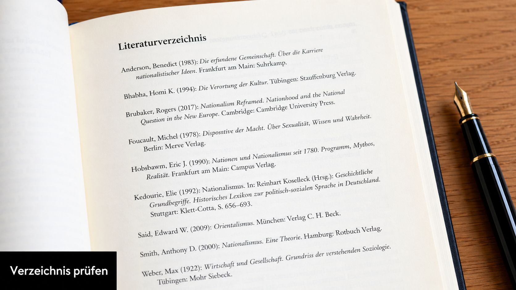 Ein offenes Buch mit einem Literaturverzeichnis und einem Füllfederhalter auf einem hölzernen Schreibtisch.