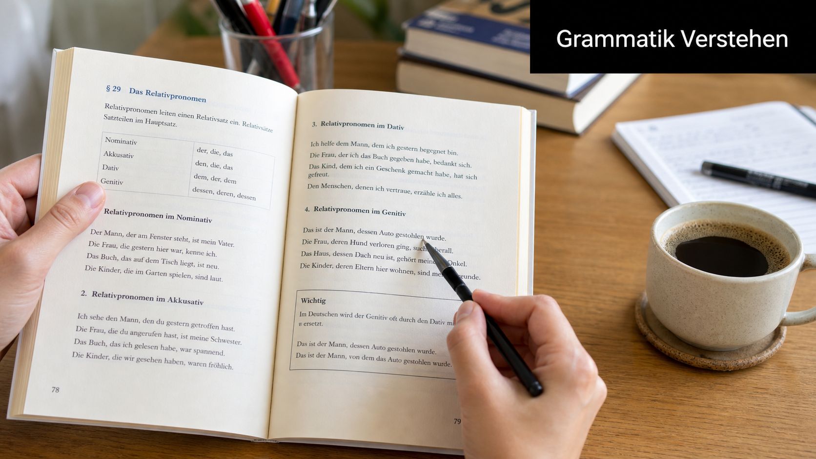 Eine Person liest in einem deutschen Grammatikbuch über die Verwendung von Relativpronomen im Dativ und Genitiv.
