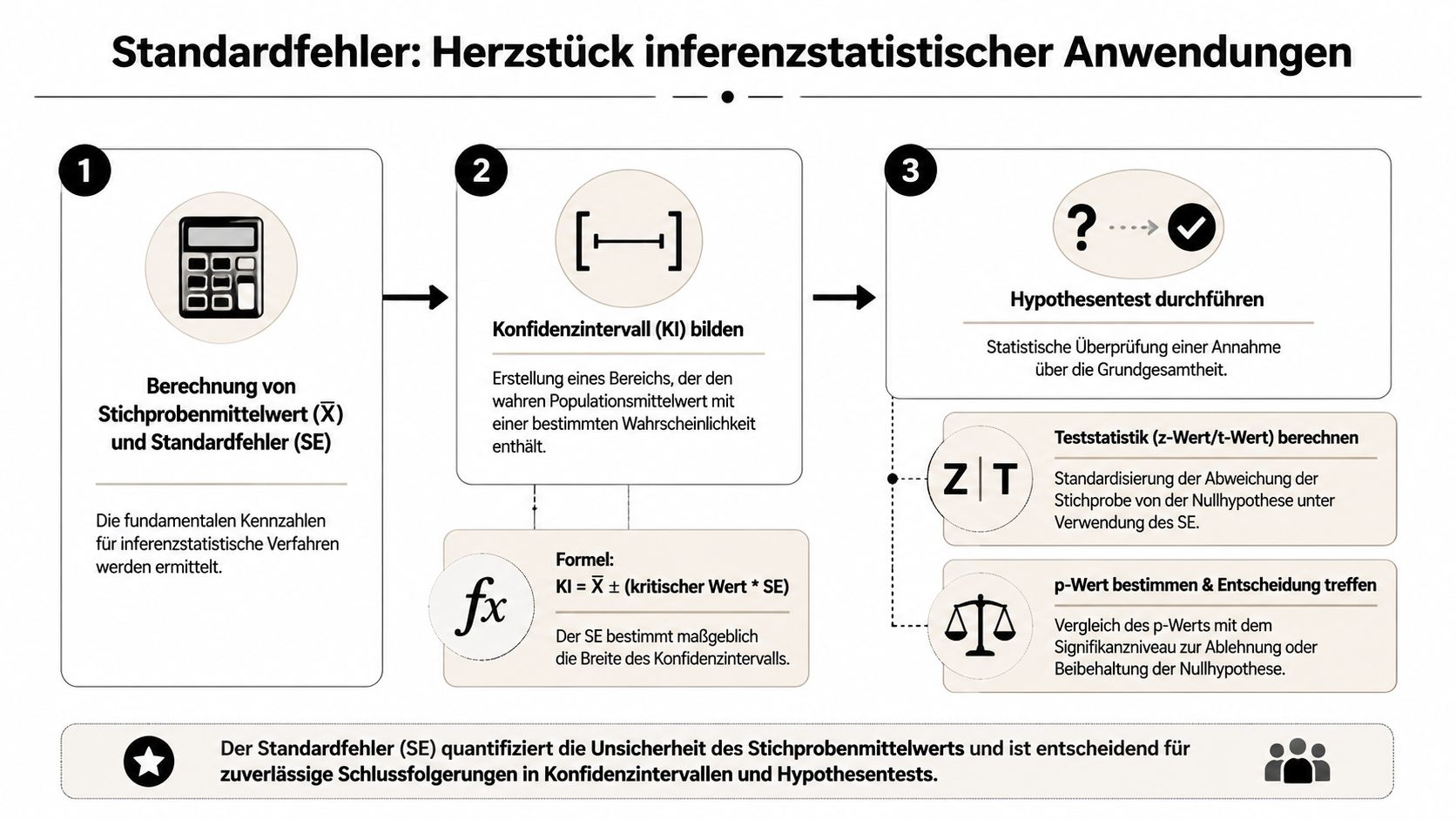 Infografik zum Standardfehler als Grundlage für Konfidenzintervalle und Hypothesentests in der Inferenzstatistik.