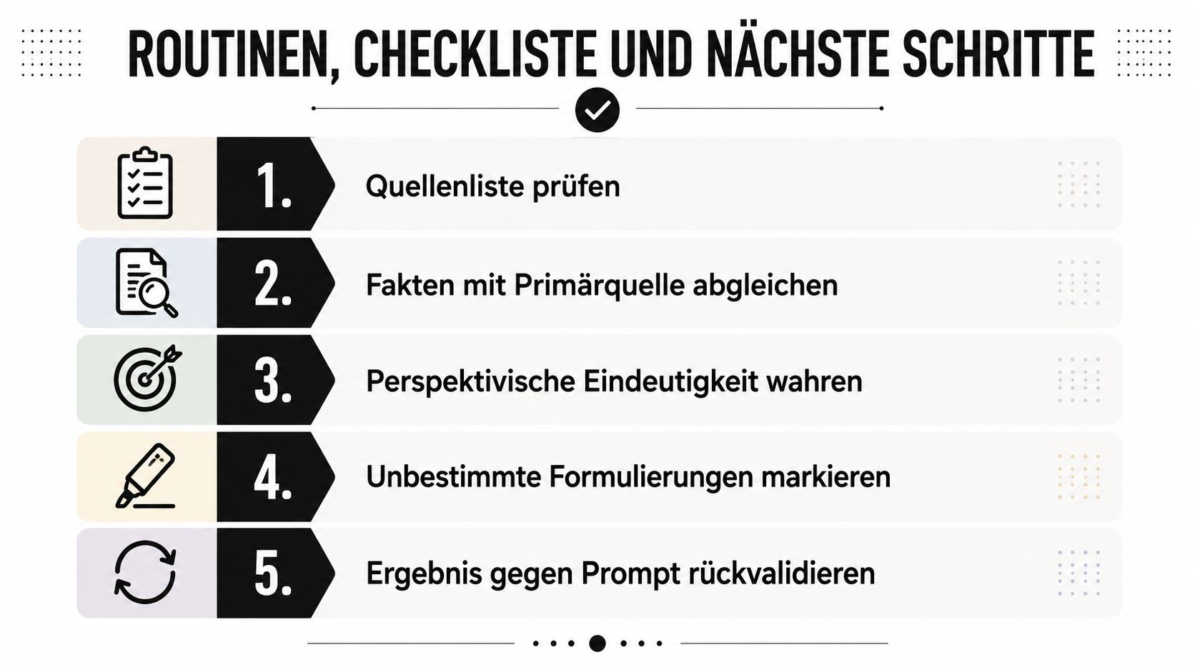 Eine nummerierte Liste mit fünf Schritten zur Vermeidung von KI-Halluzinationen, dargestellt als übersichtliche und grafische Checkliste.