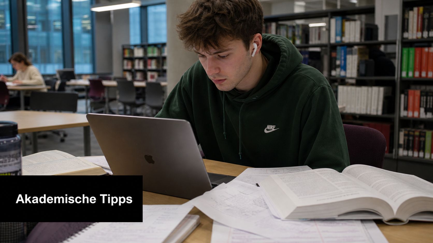 Ein junger Student arbeitet konzentriert in einer Bibliothek an seinem Laptop neben aufgeschlagenen Fachbüchern und Unterlagen.