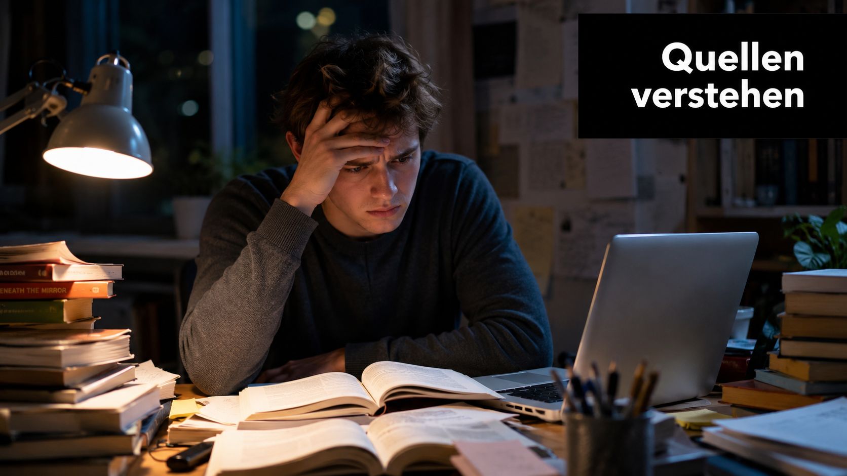 Ein konzentrierter junger Mann sitzt nachts am Schreibtisch und lernt intensiv mit Büchern und einem Laptop.