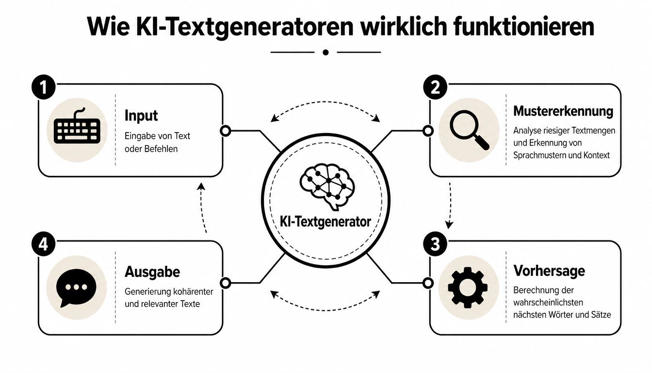Eine Infografik erklärt die Funktionsweise von KI-Textgeneratoren in vier Schritten: Input, Mustererkennung, Vorhersage und Ausgabe.