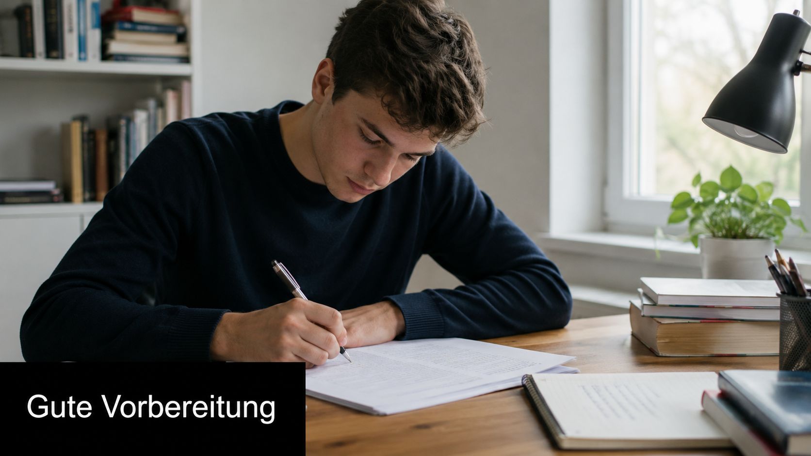 Ein junger Student sitzt an einem Schreibtisch und arbeitet konzentriert an einer schriftlichen Textanalyse für sein Studium.