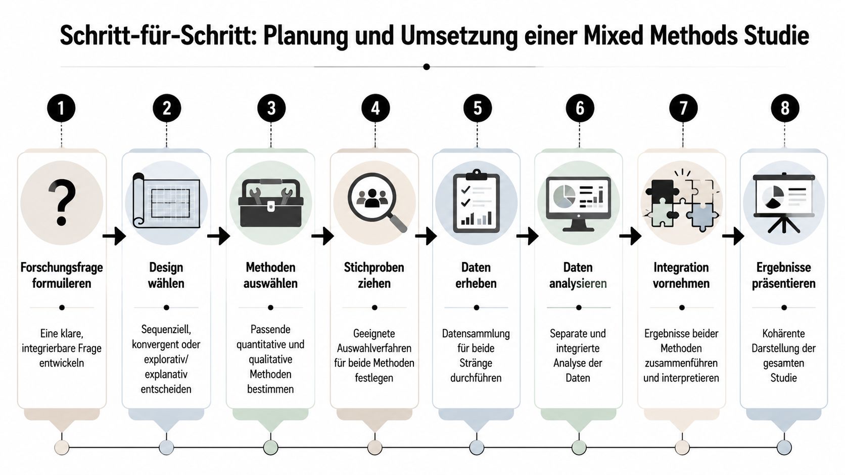 Eine Schritt-für-Schritt-Übersicht zur Planung und Umsetzung einer wissenschaftlichen Mixed-Methods-Studie mit acht aufeinanderfolgenden Phasen.