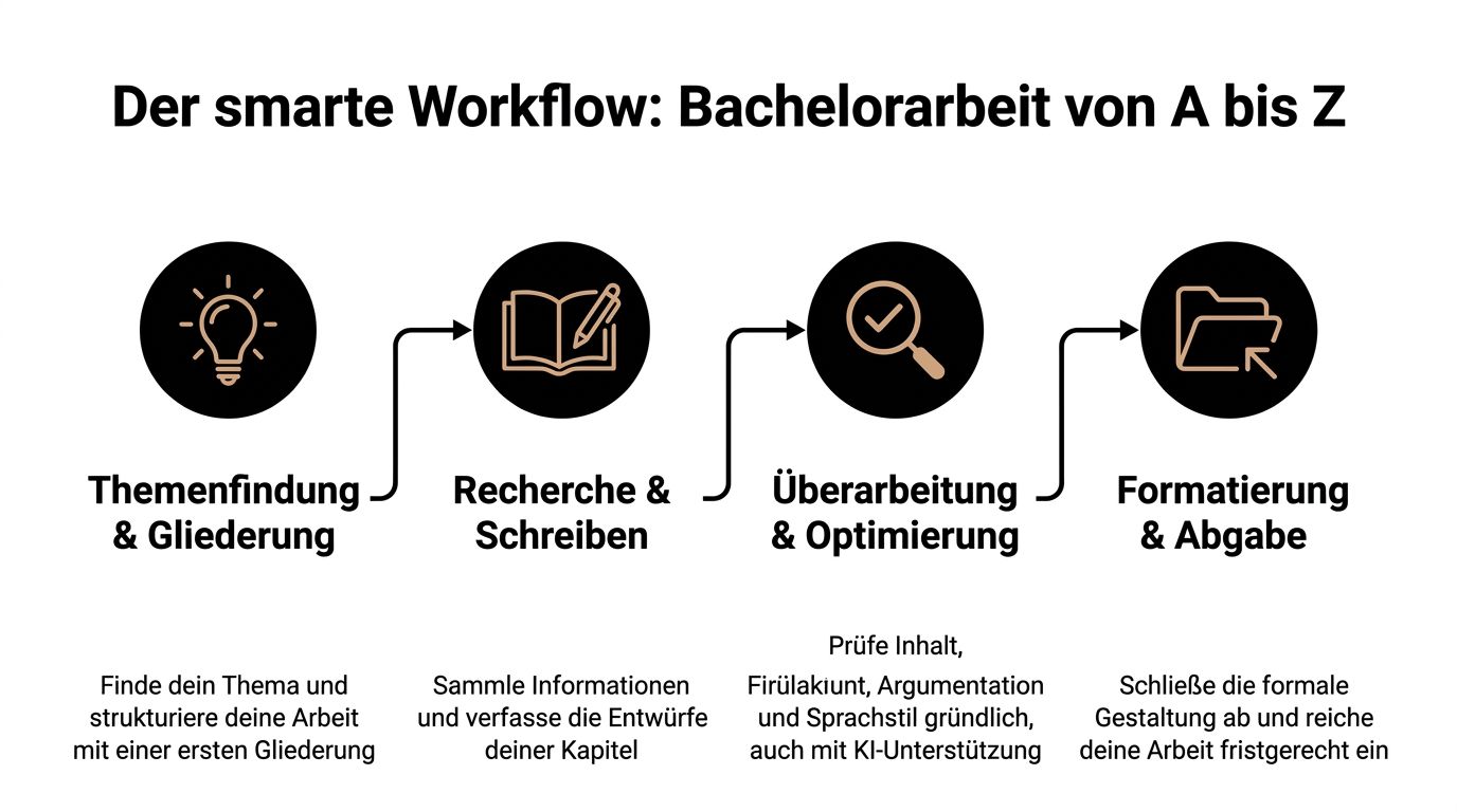 Eine Infografik zeigt den vierstufigen Workflow einer Bachelorarbeit von der Themenfindung bis zur finalen Abgabe.