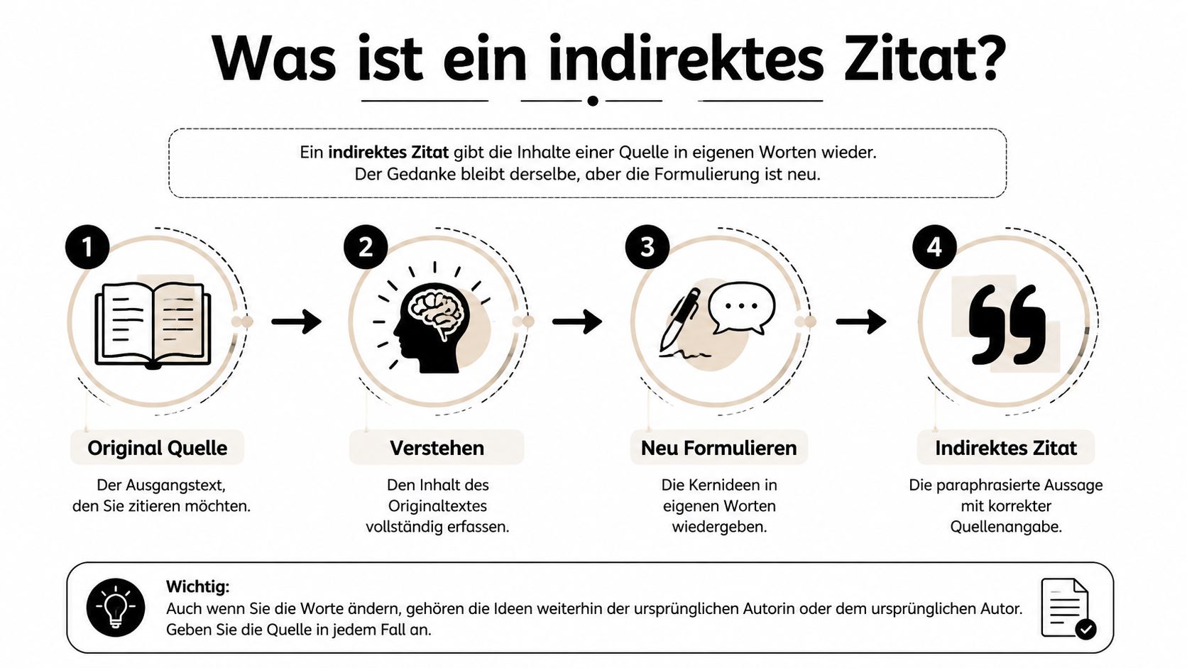 Eine Infografik erklärt die vier Schritte zur Erstellung eines indirekten Zitats mit Tipps zur Quellenangabe.