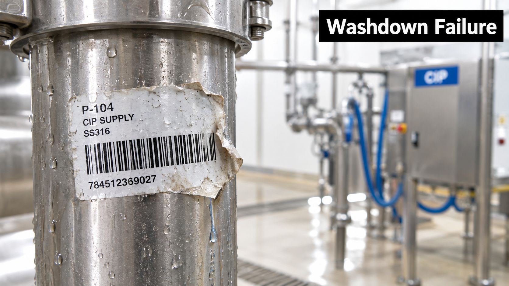A damaged industrial label on a stainless steel pipe showing signs of wear from washdown procedures.