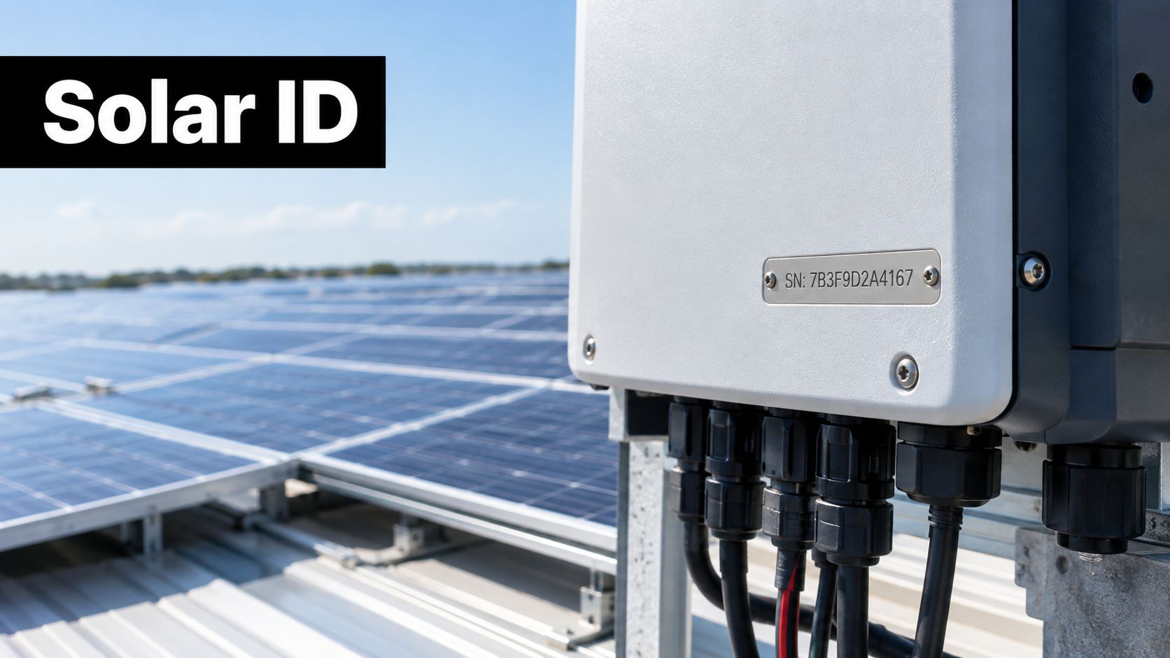 A close-up view of a solar power inverter with a serial number label installed on a rooftop.