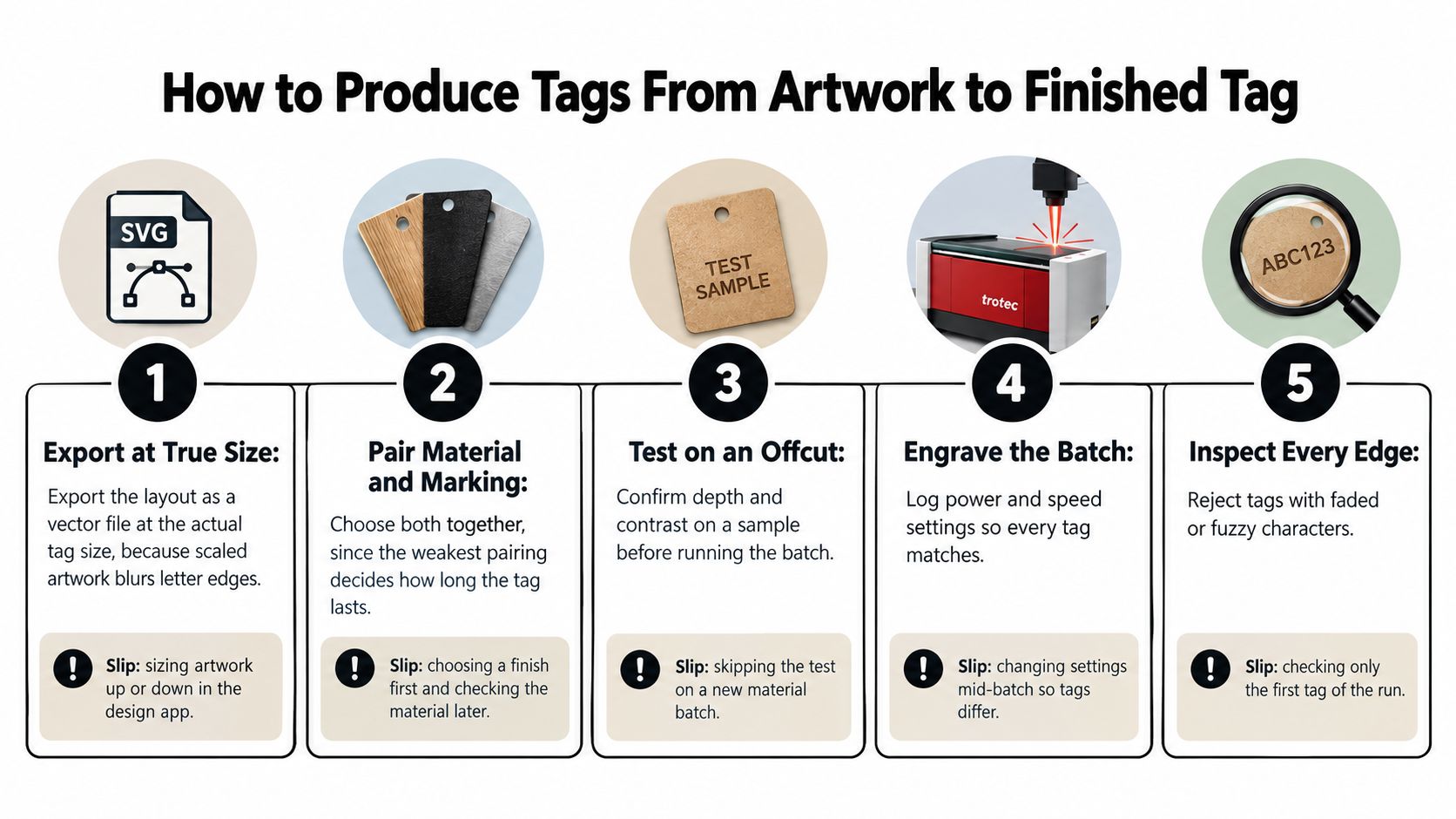 A five-step infographic showing how to produce professional plant identification tags using laser engraving technology.