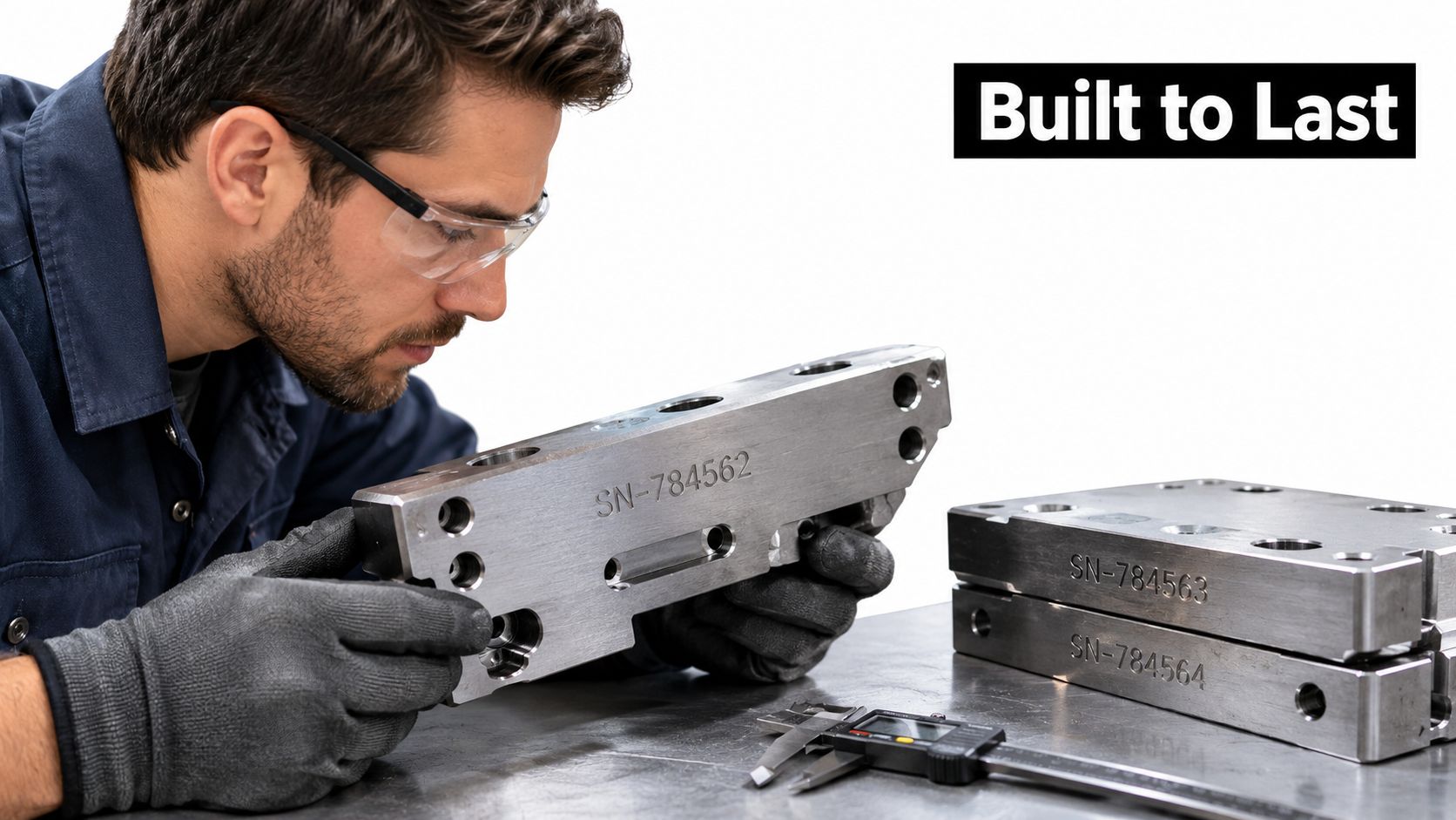A skilled worker in protective gear examines a precision machined metal part with an engraved serial number.