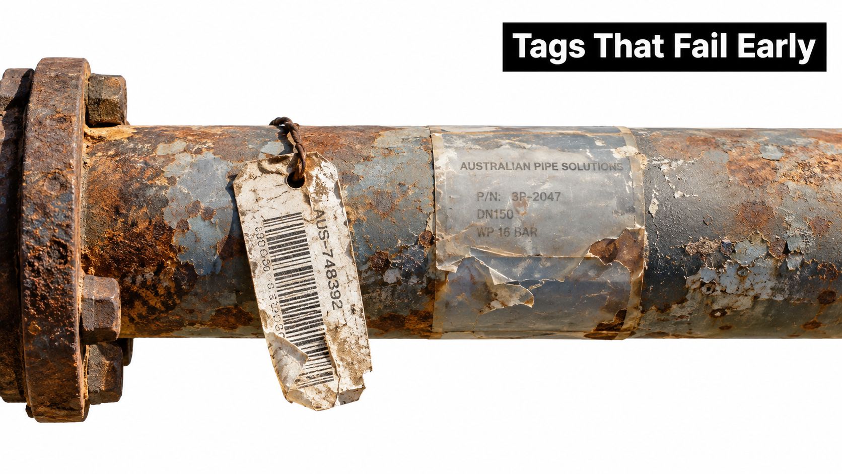 A corroded industrial pipe featuring a damaged identification tag and a peeling label with product specifications.