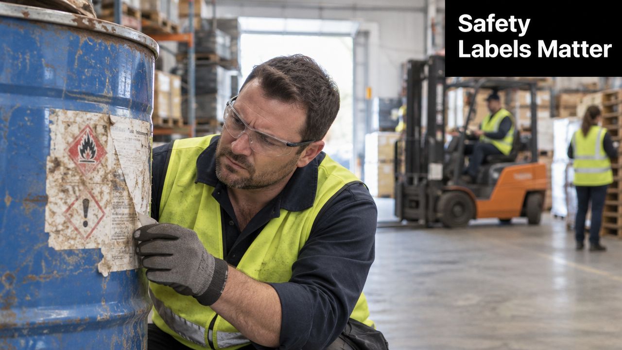 A warehouse worker in a high-visibility vest inspects a damaged safety label on a blue industrial drum.