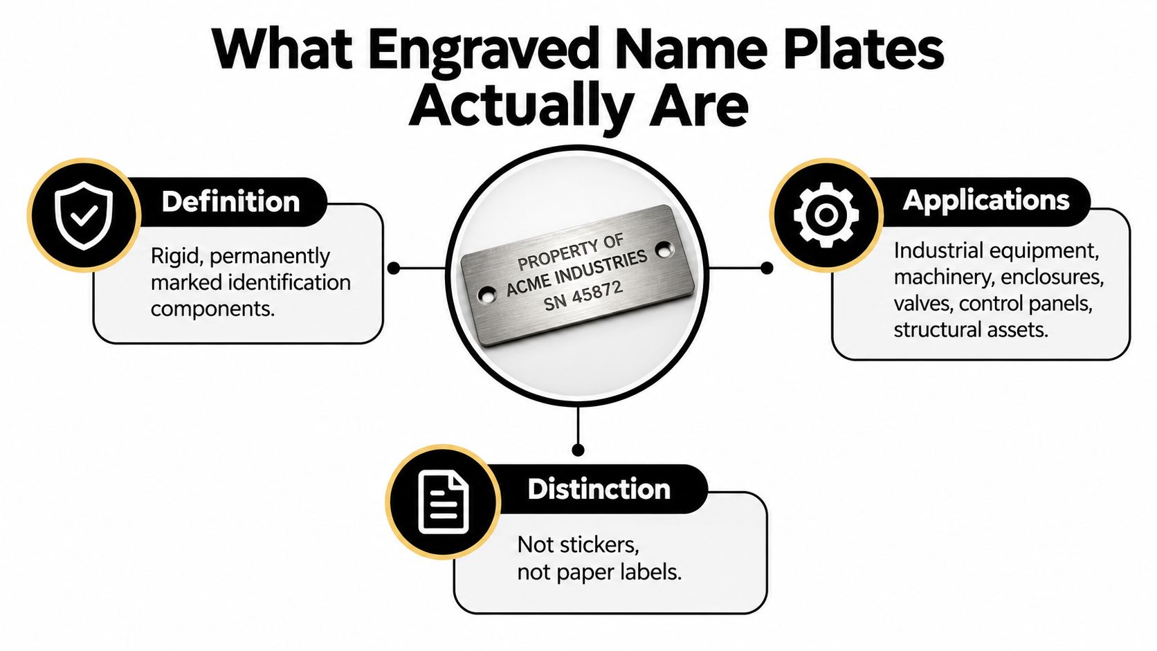 An infographic explaining that engraved name plates are rigid, permanent identification components used for industrial equipment and machinery.