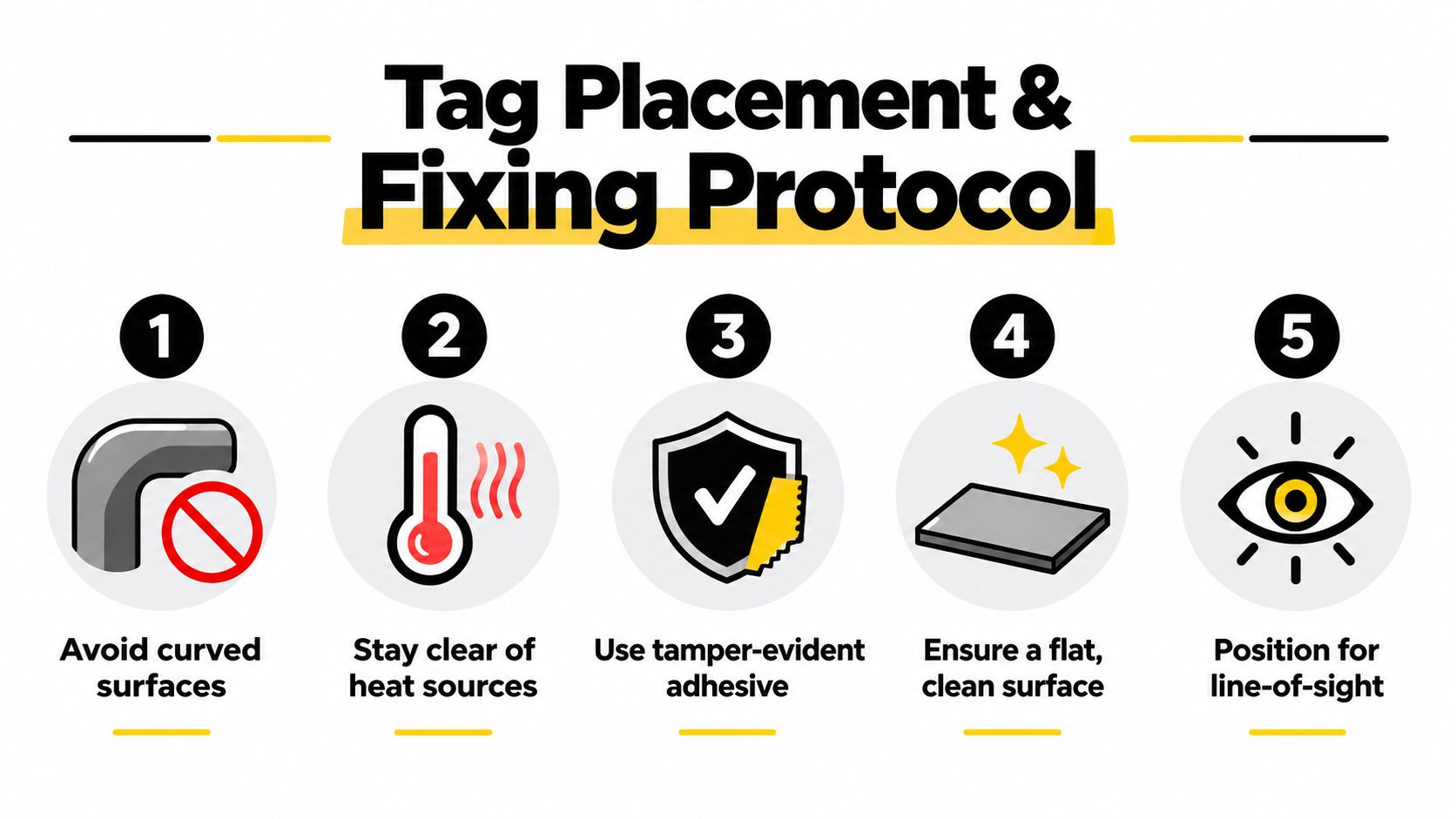 An infographic detailing five essential protocols for proper asset tag placement and surface preparation for installation.