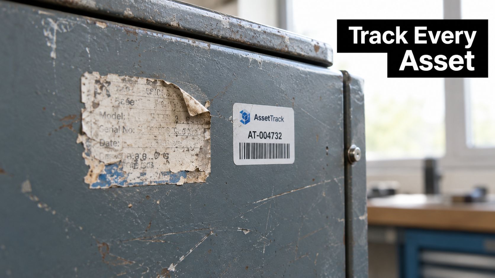 A close-up view of an old industrial machine with a new AssetTrack sticker and an aged label.