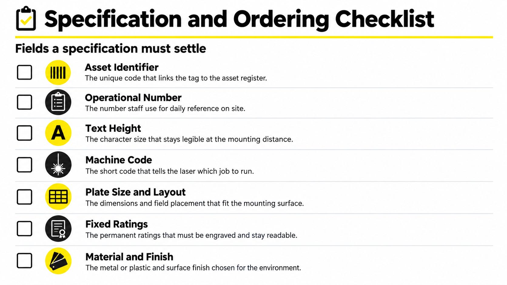 A specification and ordering checklist for engraved asset tags outlining necessary information to define and purchase them.