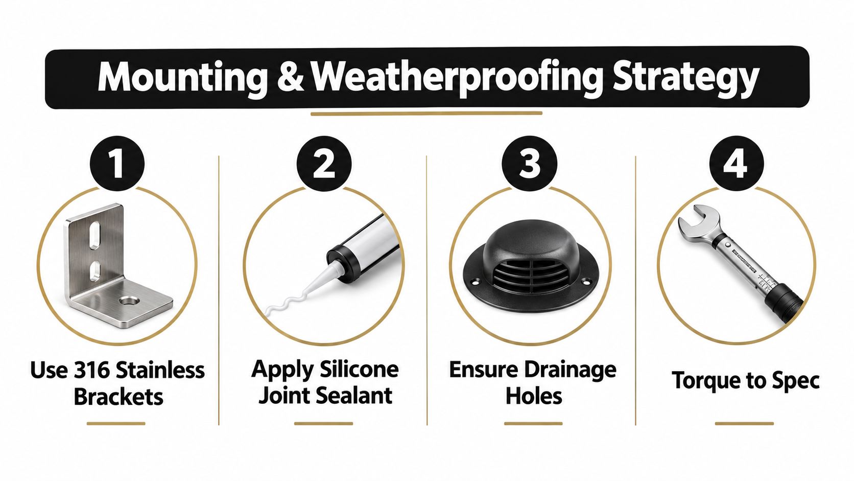 A four-step infographic illustrating mounting and weatherproofing strategies for outdoor installations with brackets, sealant, and tools.