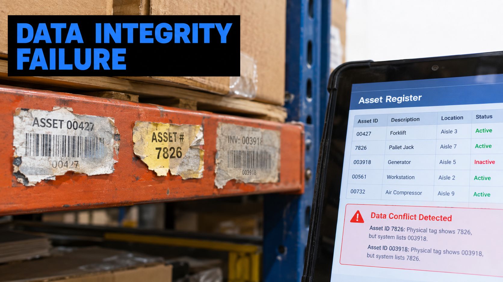 A digital tablet displaying a data integrity error alert alongside warehouse shelf labels indicating a tracking mismatch.