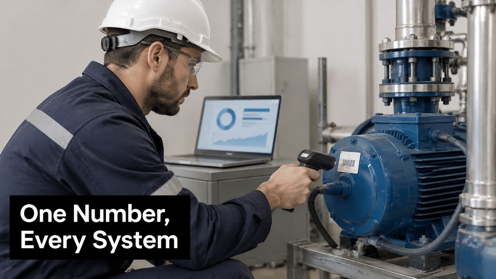 A maintenance technician wearing a hard hat uses a handheld scanner to track a blue industrial motor.