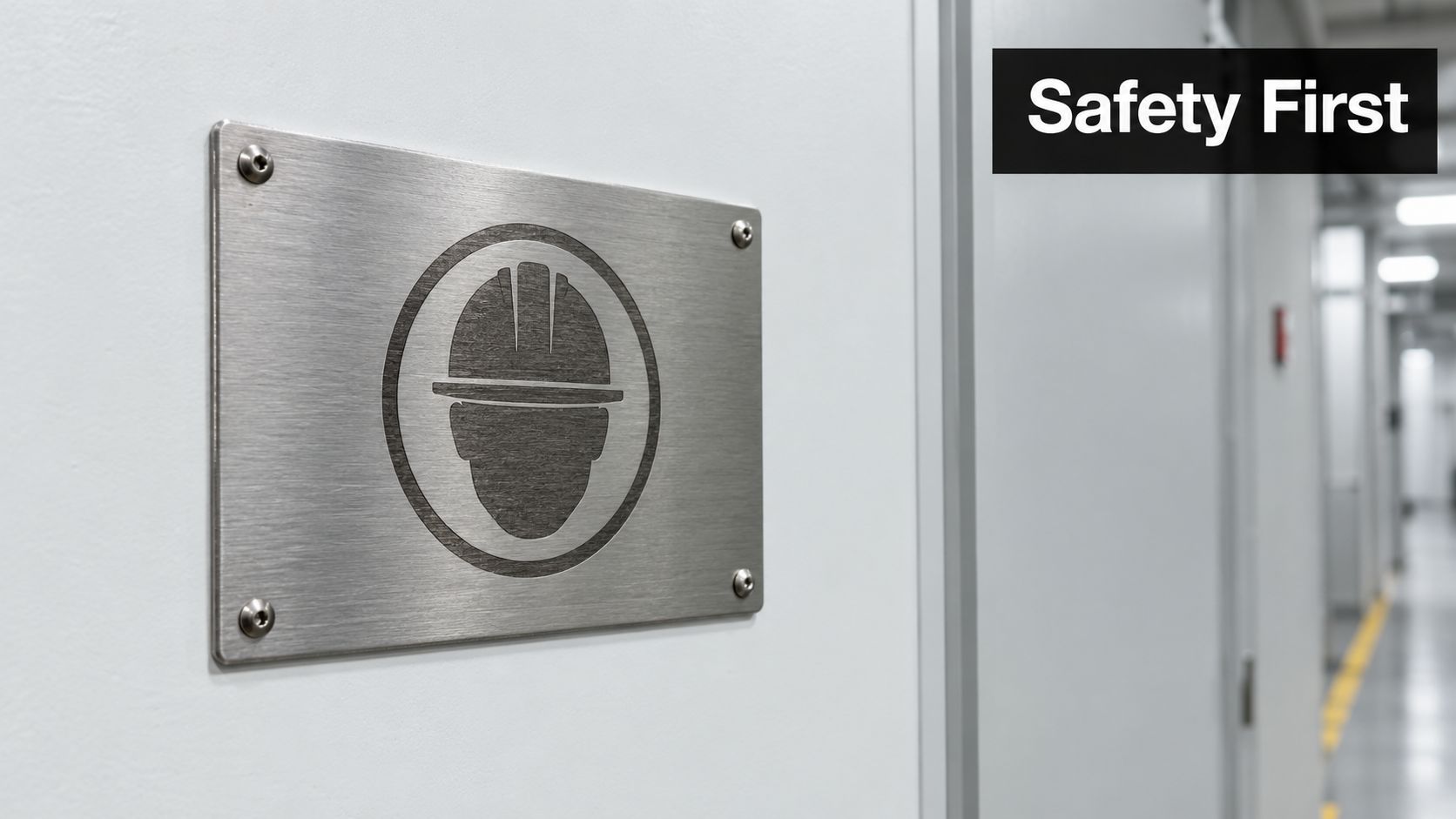 A metal sign displaying a hard hat safety icon mounted on a white industrial office wall.
