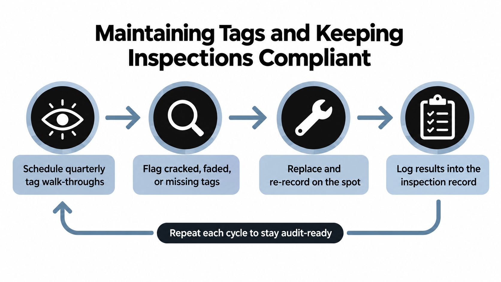 A flow chart illustrating the four steps for maintaining asset tags for tools to ensure audit compliance.