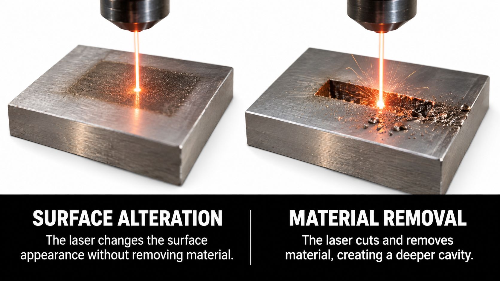 A comparison showing the difference between laser surface alteration and material removal on a metal block.