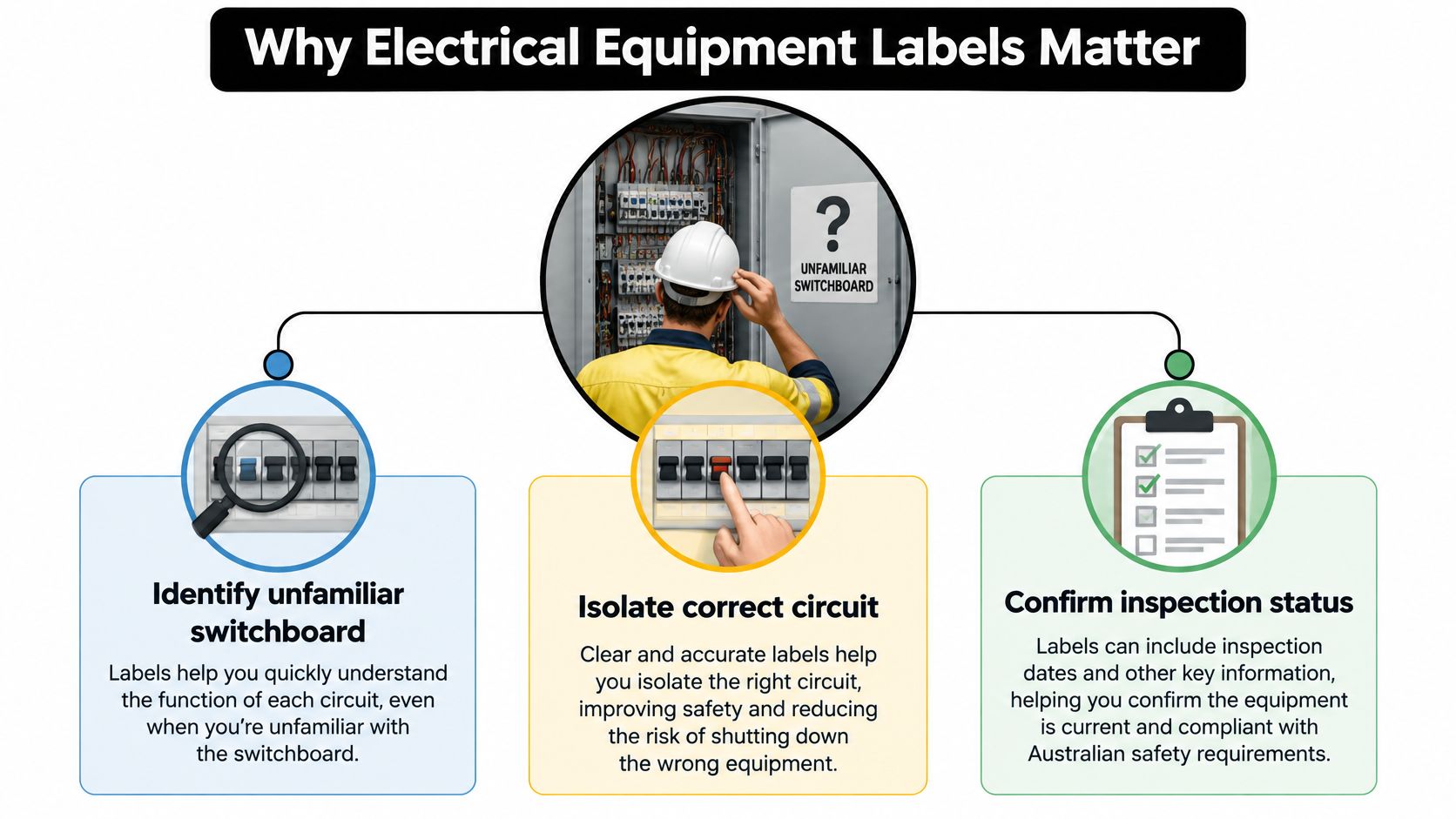 A diagram explaining the importance of clear electrical equipment labeling for safety and circuit identification.