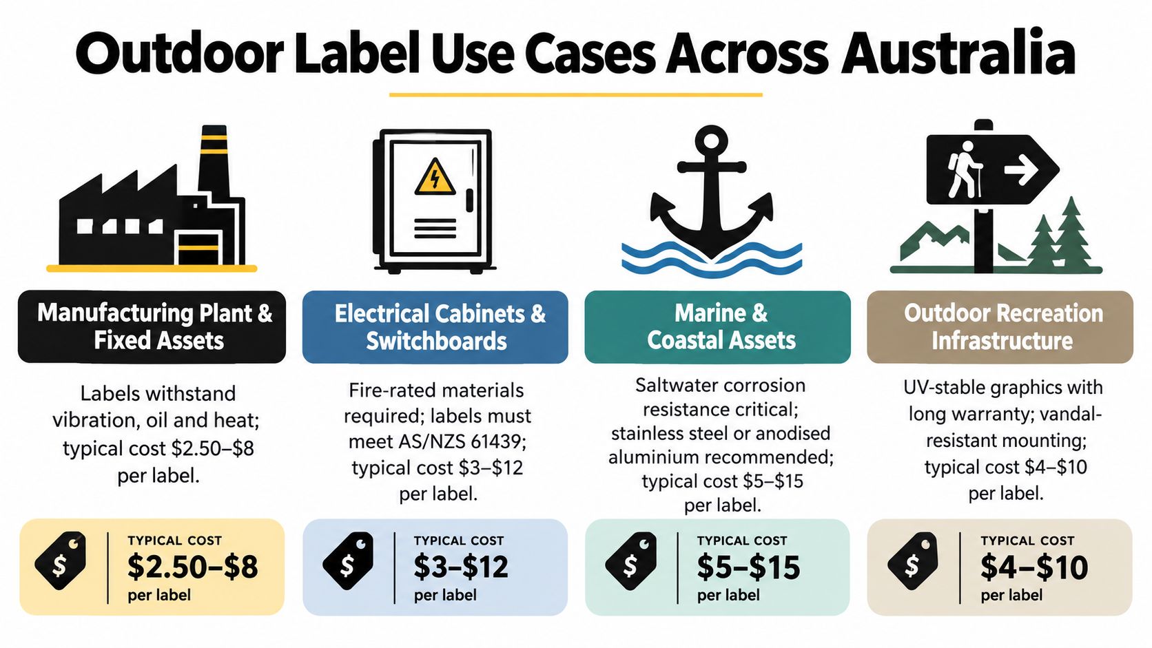 An infographic illustrating various outdoor label use cases and their typical costs across Australia.