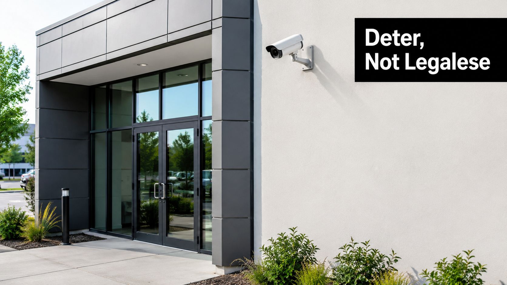 A modern building exterior featuring a security camera and a sign reading Deter, Not Legalese.