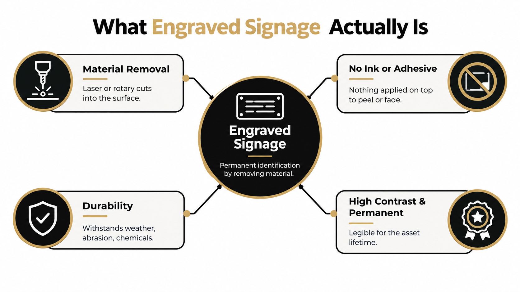 An infographic titled What Engraved Signage Actually Is, listing key benefits like material removal and durability.