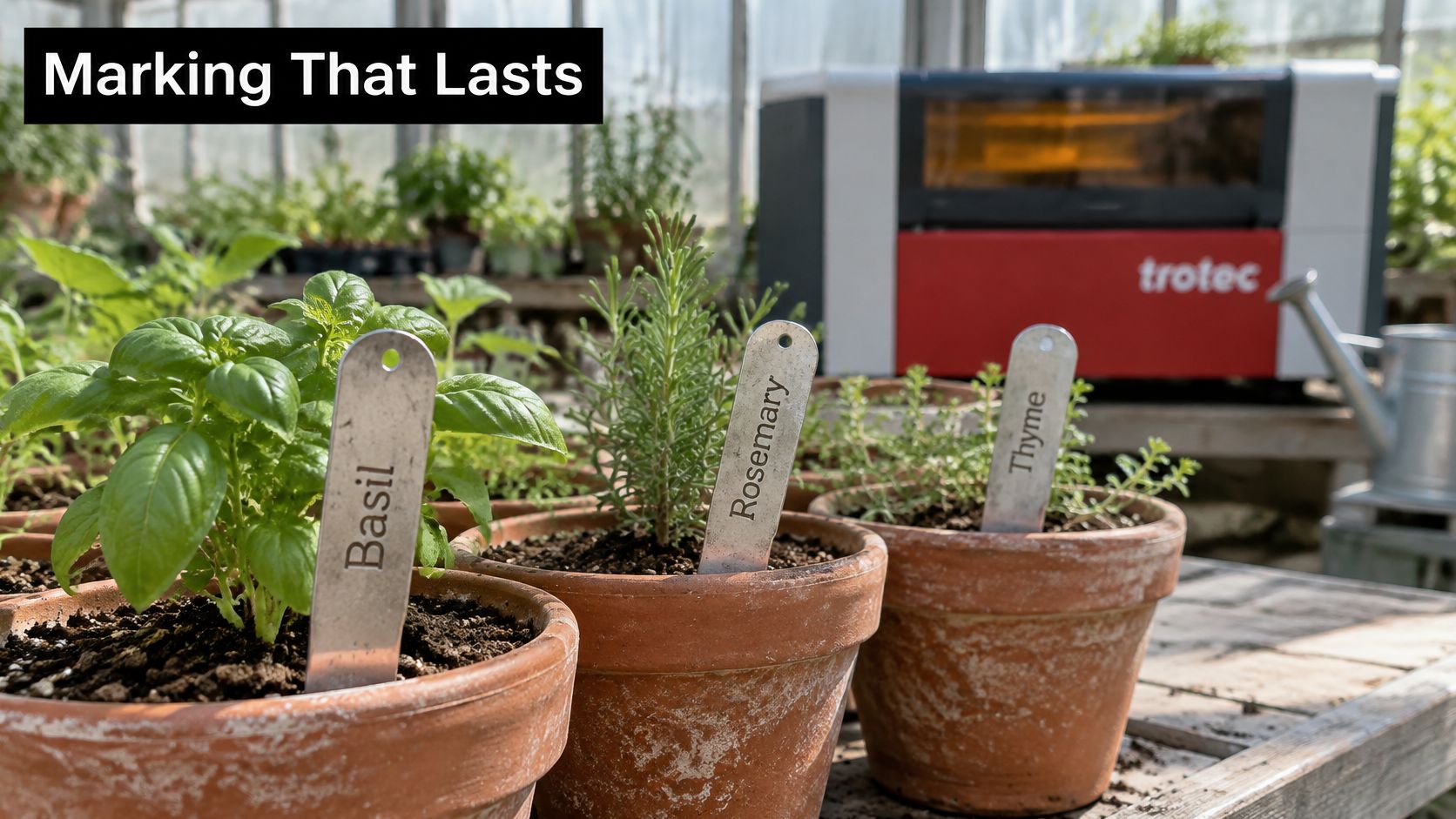Three potted herbs labeled with laser-engraved metal plant identification tags in a greenhouse next to a laser machine.