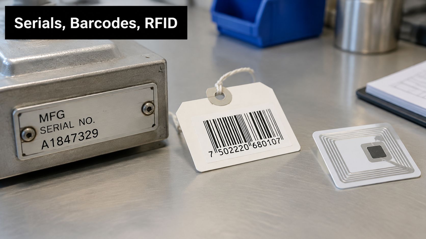 Equipment piece featuring a serial number, a hanging barcode tag, and an RFID security label.
