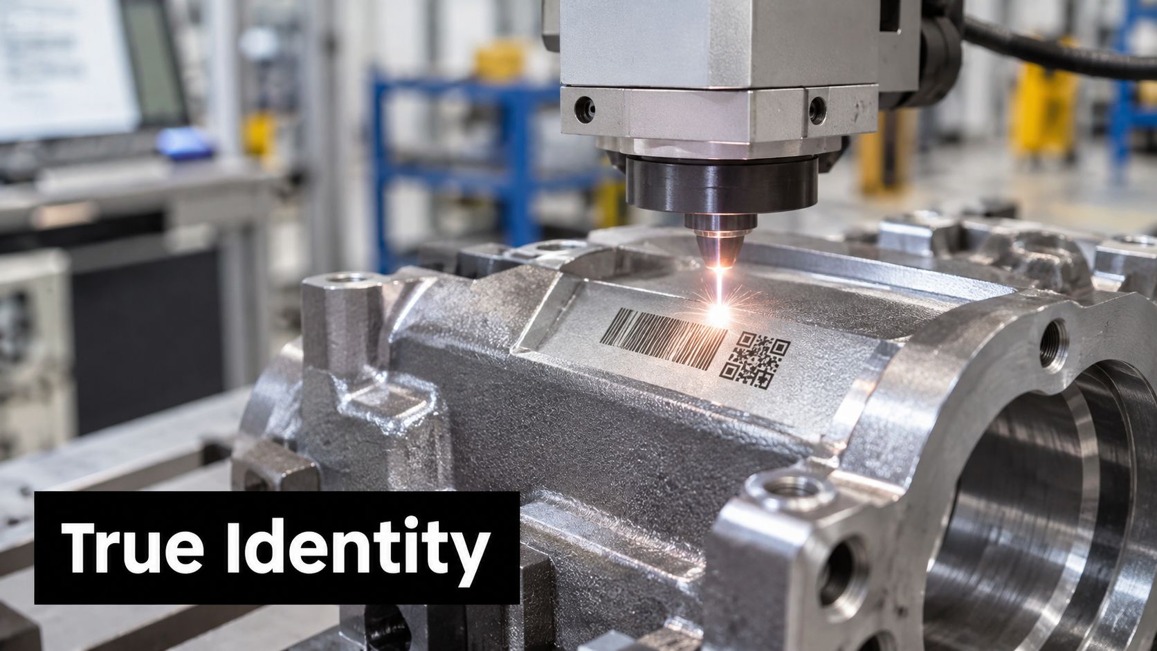 A laser engraving tool marking a barcode and QR code onto a large industrial metal machine part.