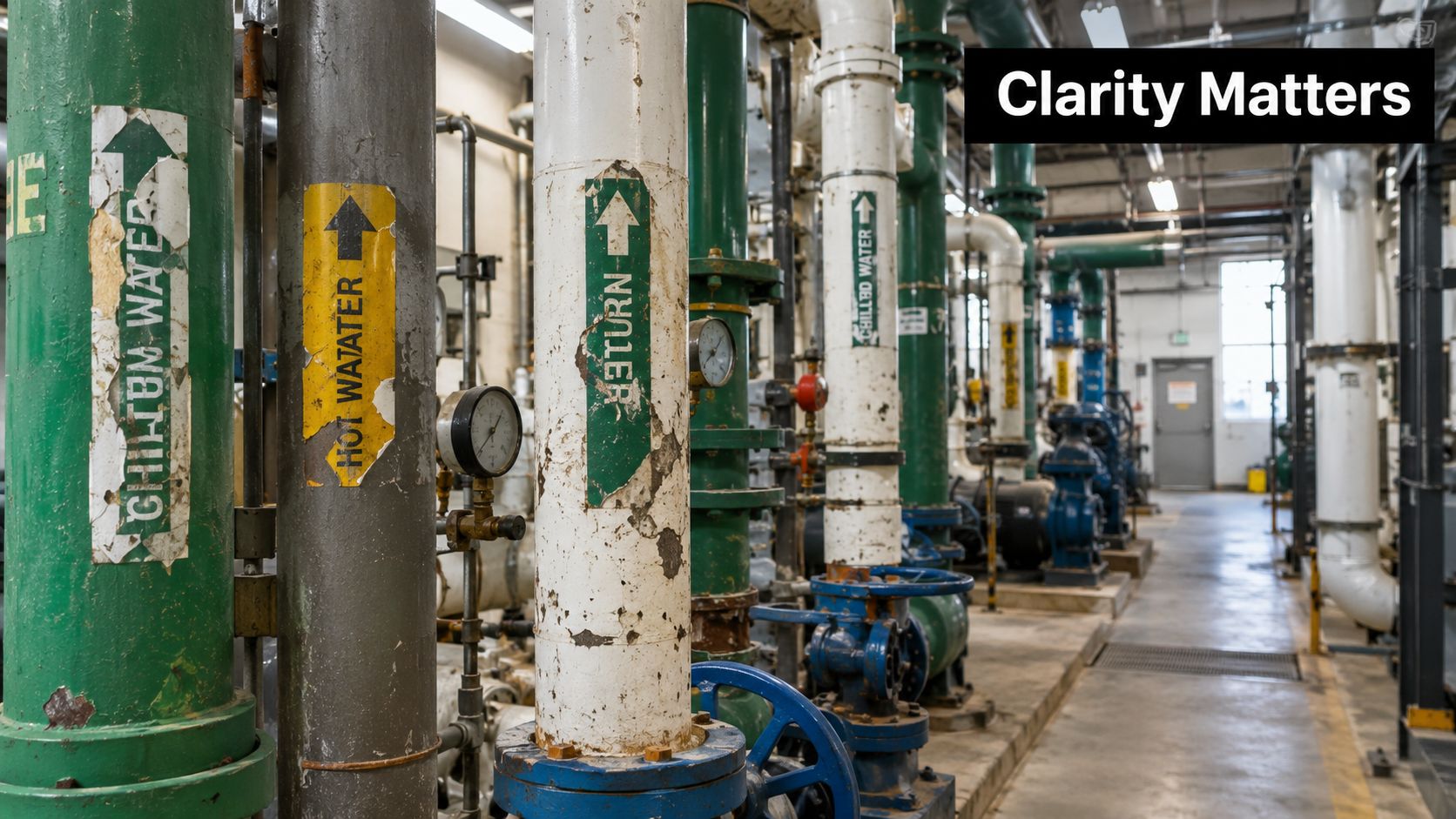 A mechanical room interior showcasing several industrial pipes labeled with directional flow arrows and text labels.