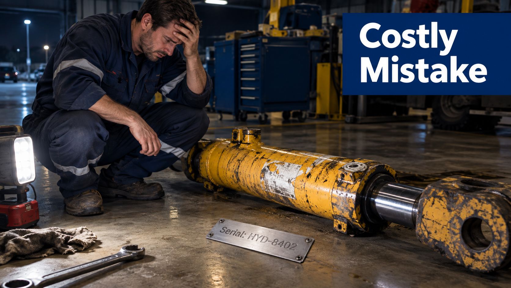 A distressed mechanic sitting on the factory floor near a heavy industrial hydraulic cylinder and a metal plate.
