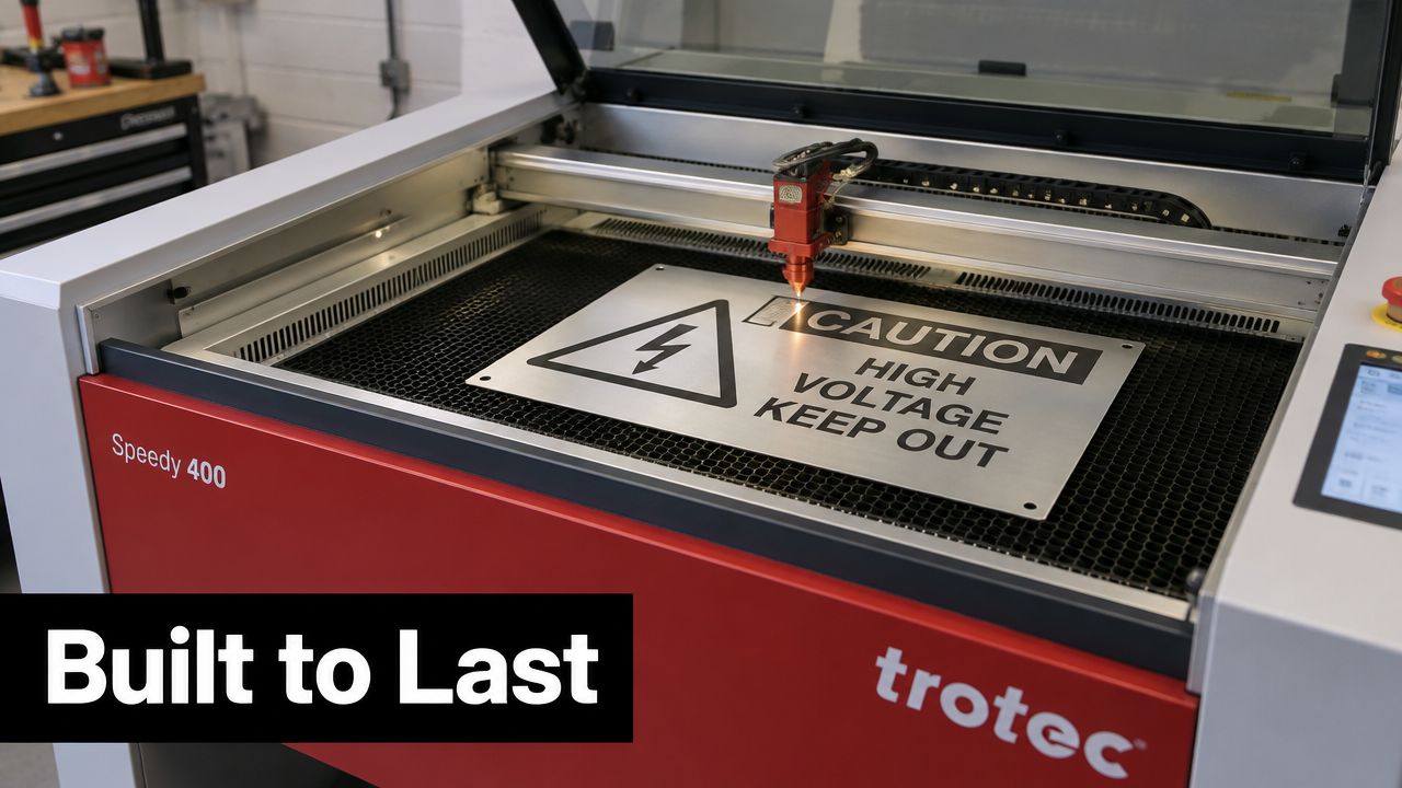 A Trotec Speedy 400 laser engraver cutting a metal high voltage warning sign with precision