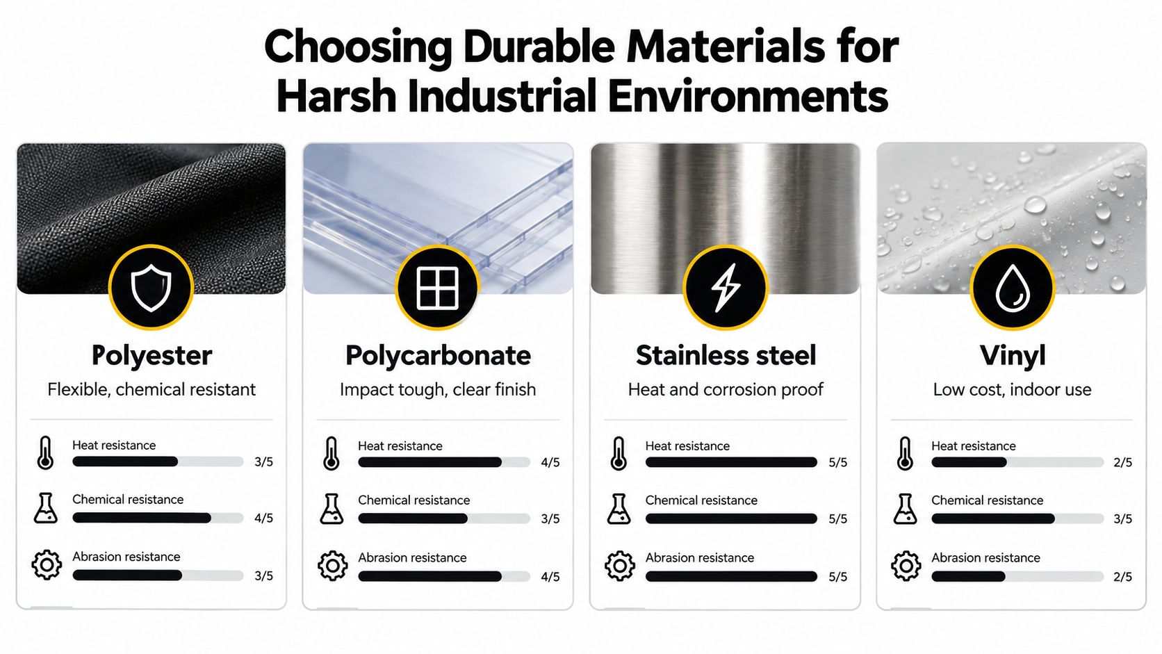 A comparison chart showing the heat, chemical, and abrasion resistance properties of polyester, polycarbonate, stainless steel, and vinyl.