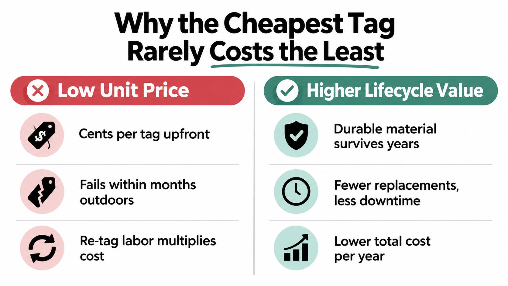 A comparison infographic showing how low unit price asset tags lead to higher long-term costs.