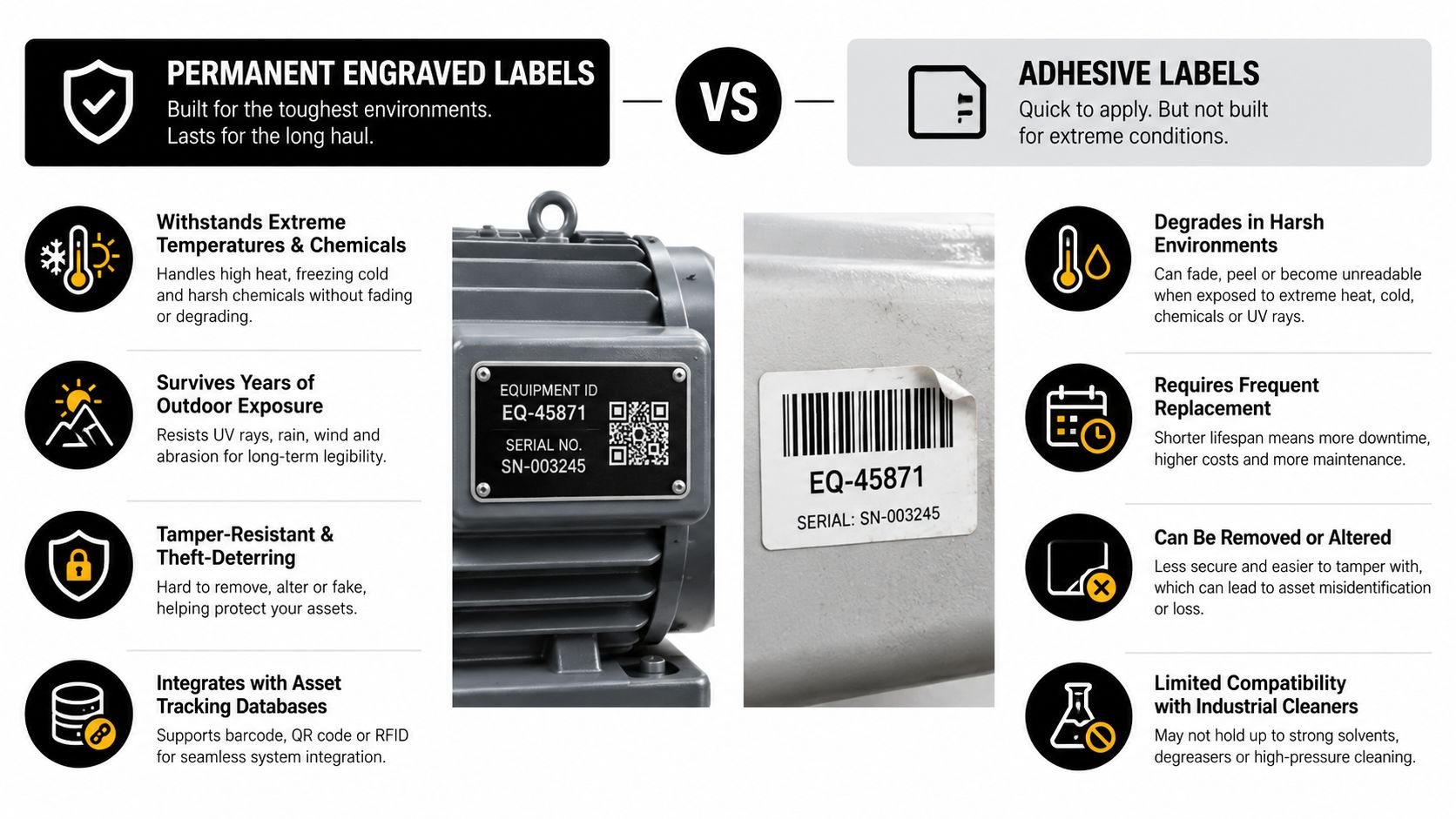 A comparison chart showing benefits of permanent engraved labels versus adhesive labels for industrial equipment management.