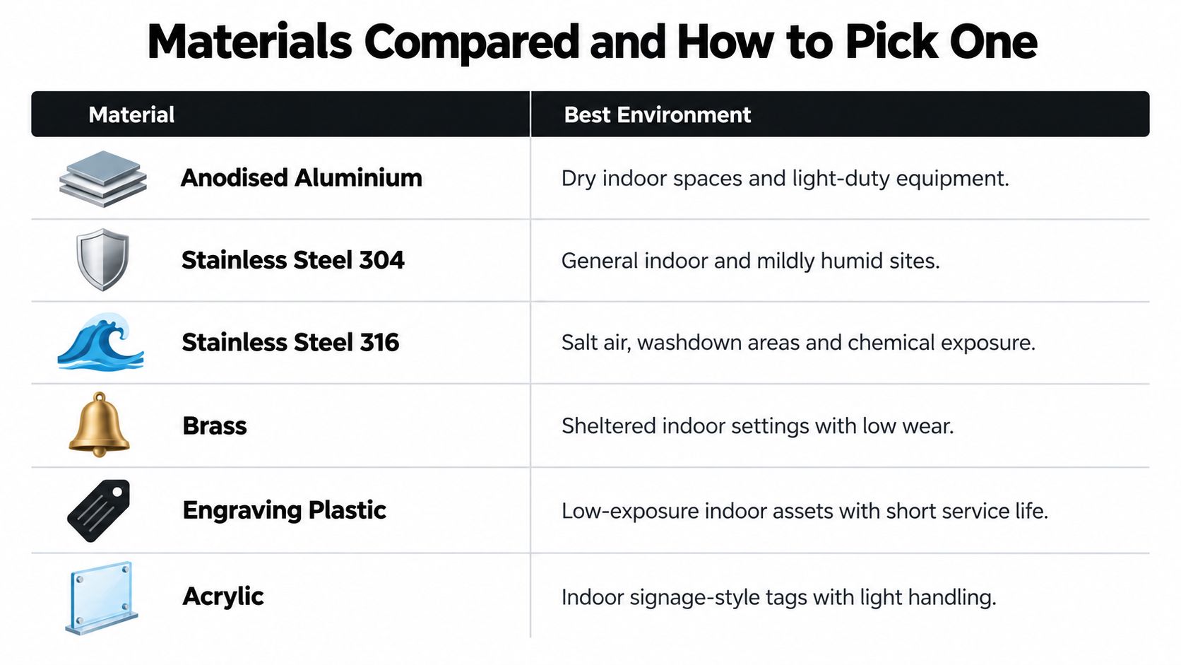 A comparison chart table detailing the best environments for using different industrial tag materials like stainless steel and plastic.