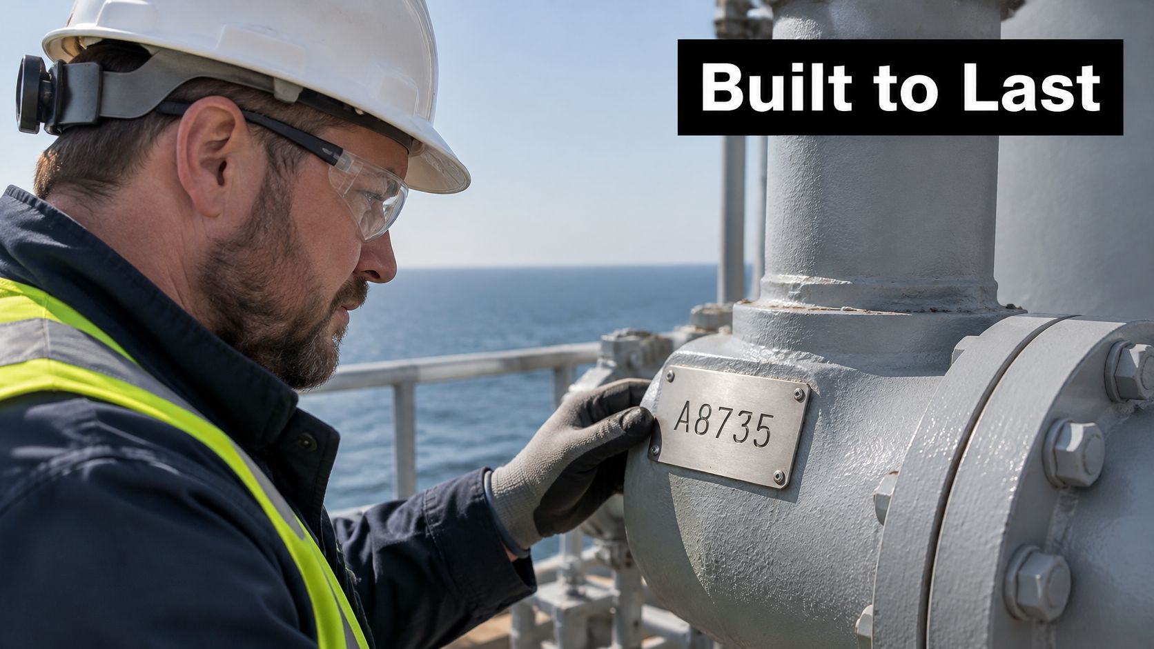 A professional offshore engineer inspecting a metal tag labeled A8735 on an industrial pipe asset.