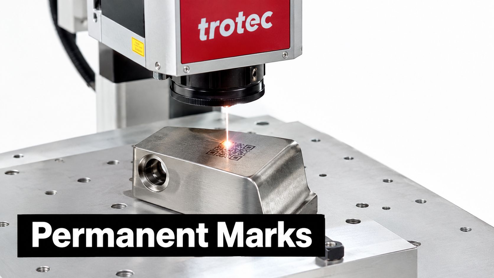A professional laser marking machine engraving a QR code onto a metallic industrial component piece.