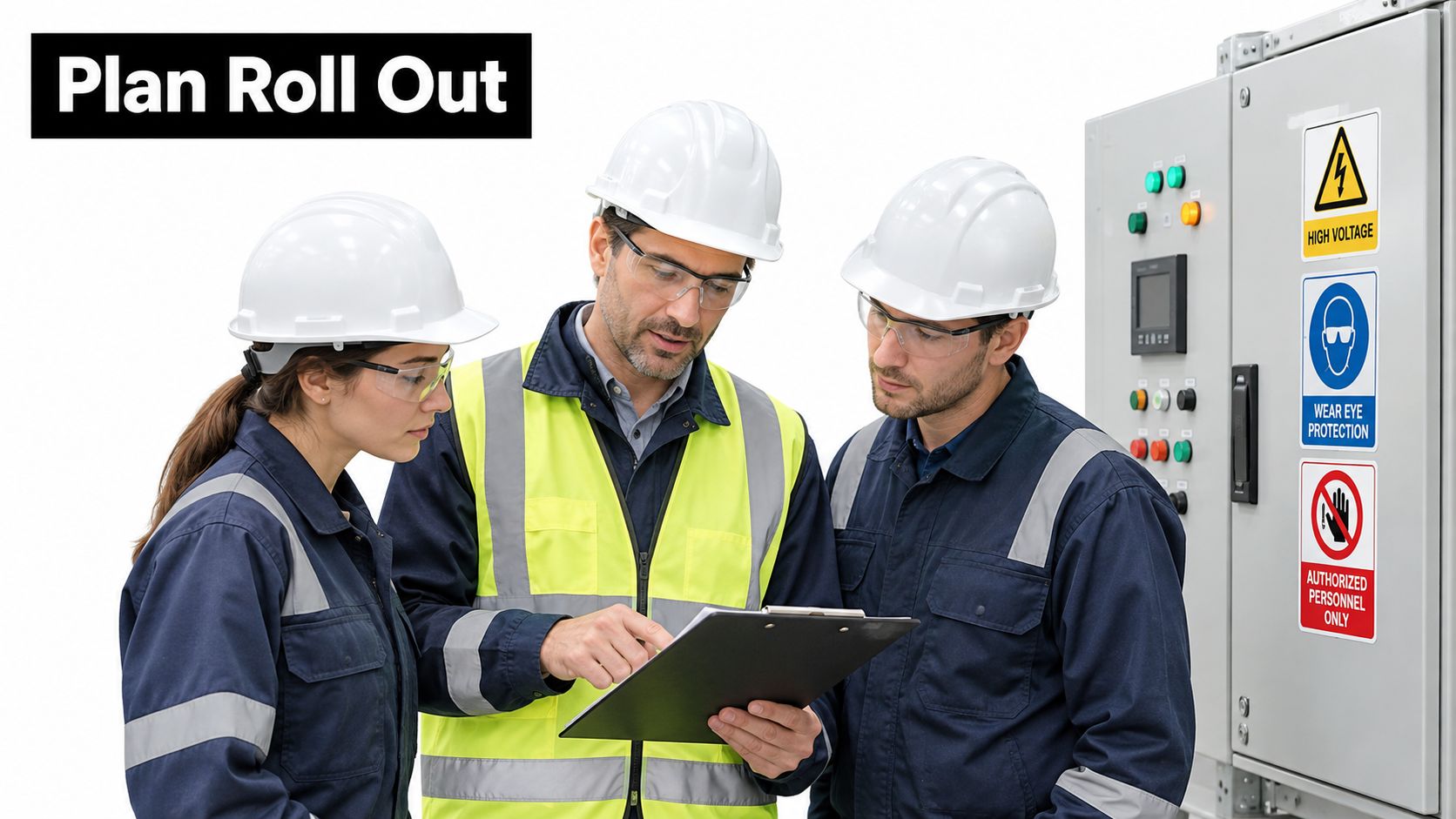Three engineers wearing hard hats and protective gear discussing a project plan in front of electrical equipment.