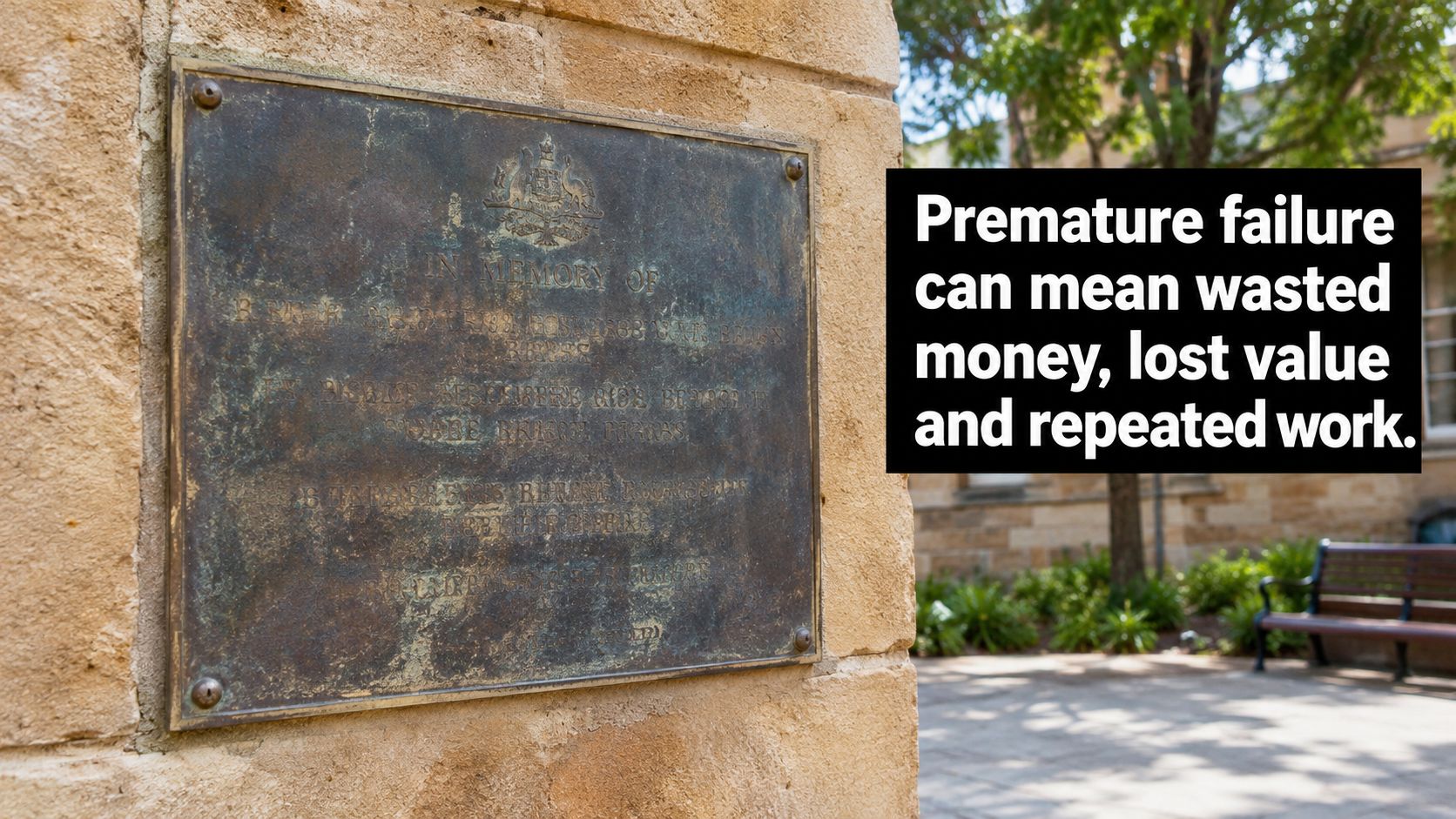 A weather-worn commemorative plaque mounted on a stone wall, overlaid with a block of text about failure.