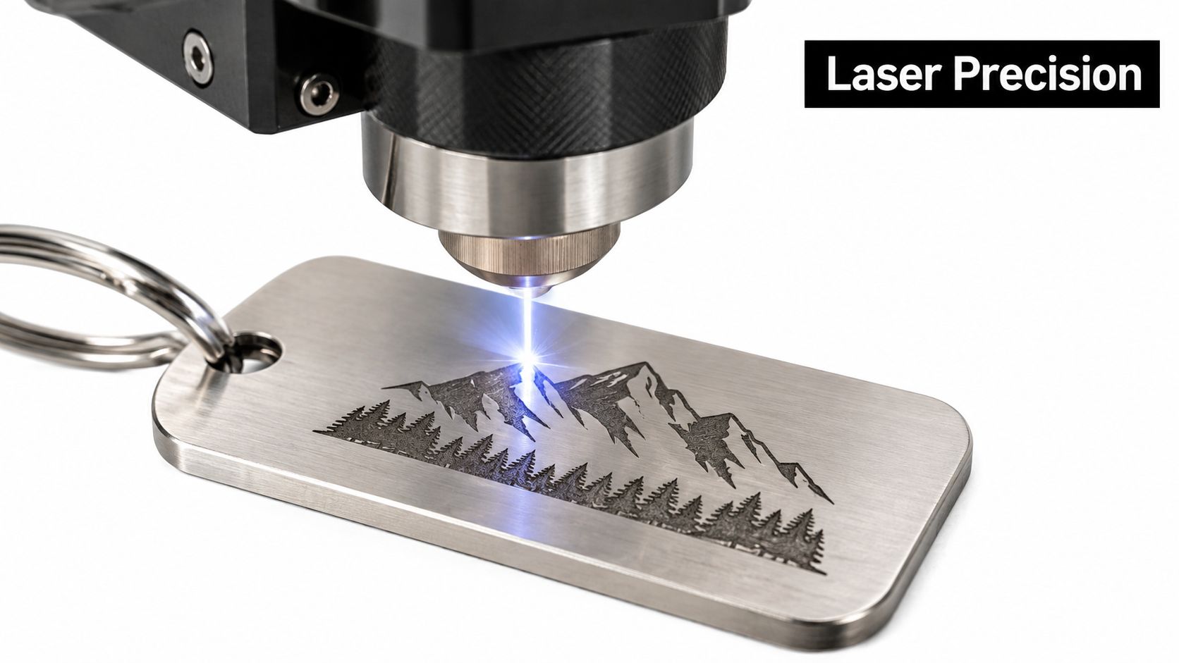 A close-up view of a precision laser engraving a mountain landscape design onto a metal tag.