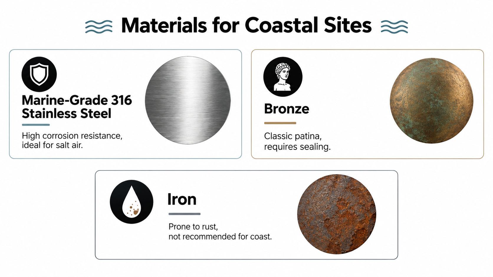 An infographic comparing three materials for outdoor coastal sites: marine-grade 316 stainless steel, bronze, and iron.
