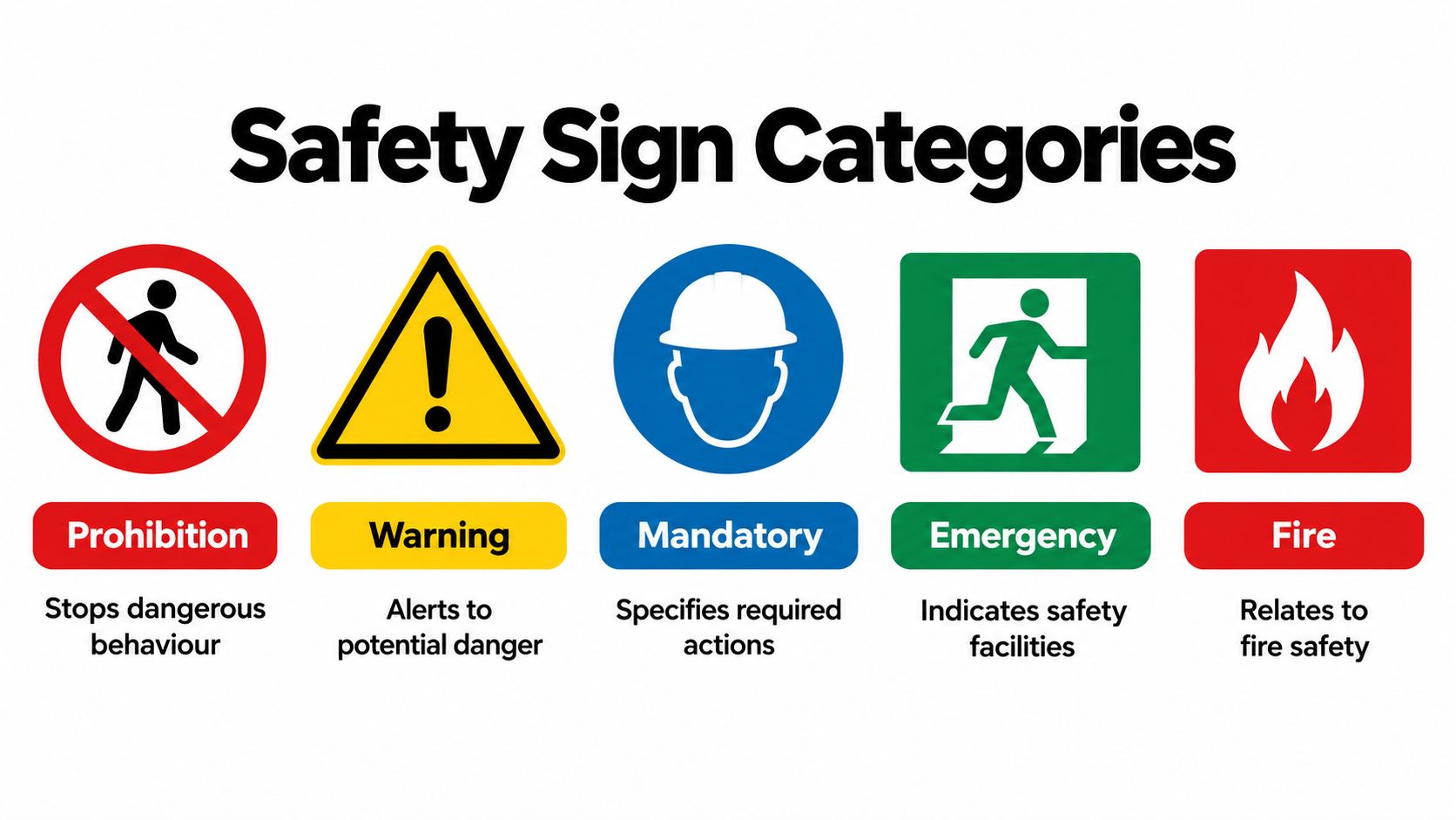 A visual guide illustrating five safety sign categories: Prohibition, Warning, Mandatory, Emergency, and Fire safety signs.