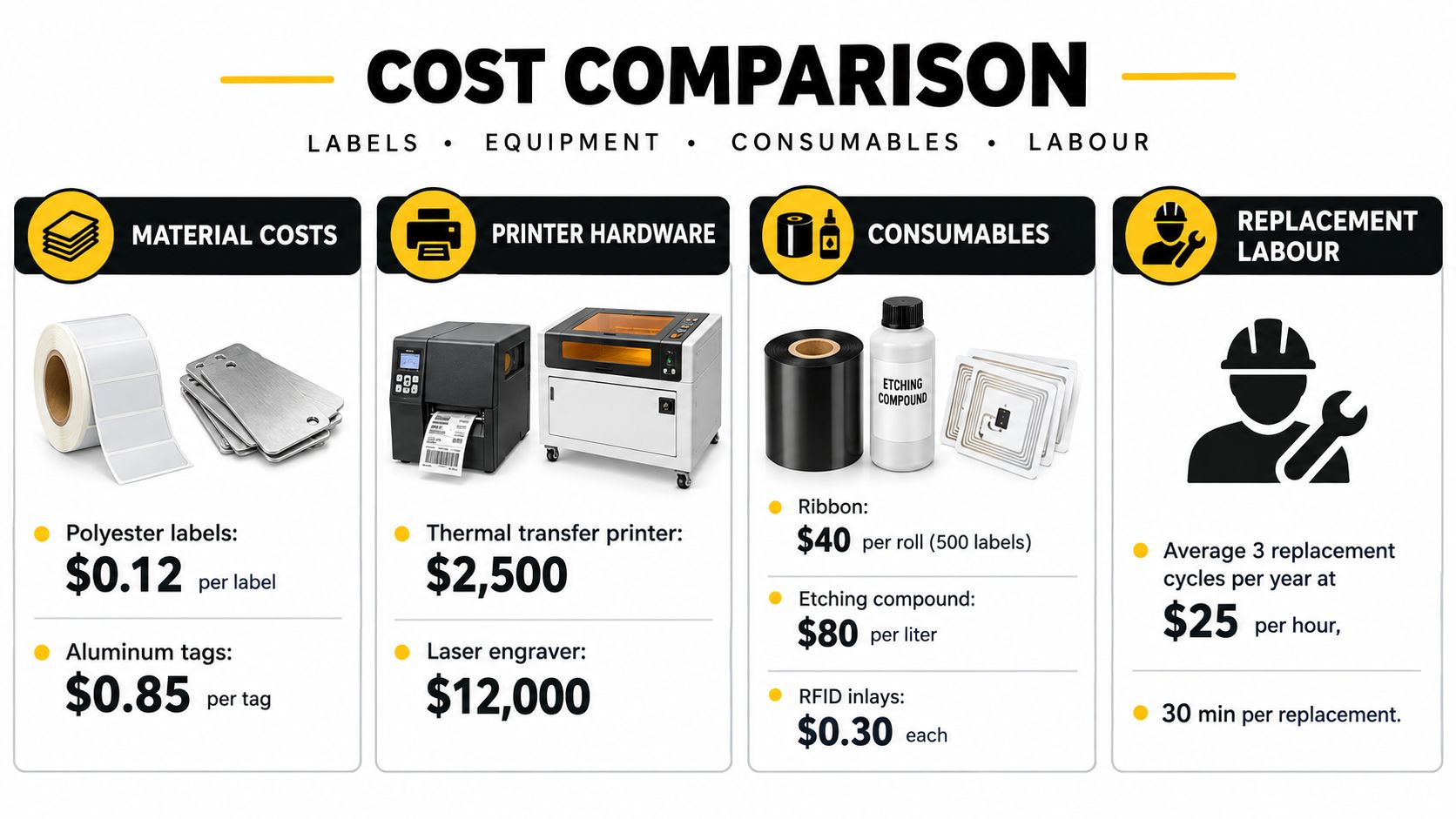 A cost comparison infographic detailing expenses for asset tagging materials, printer hardware, consumables, and replacement labor.